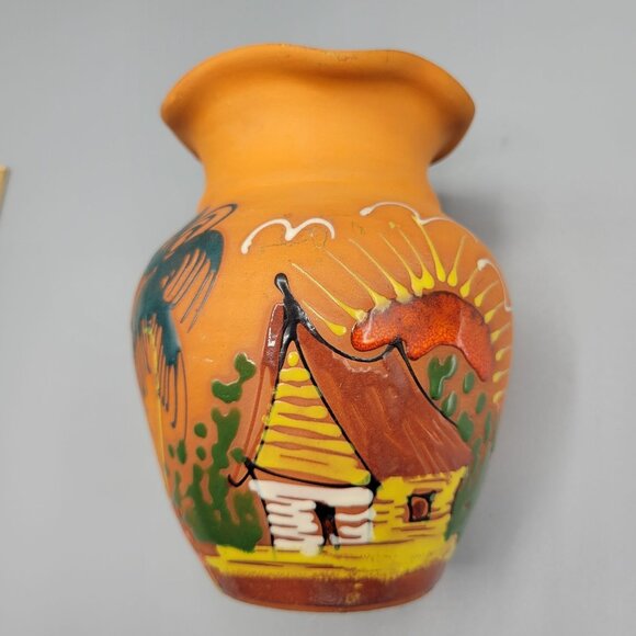 Vintage Hand Painted Terracotta Vase Scenic Design Flared Rim Signed Punta Cana - Picture 13 of 13